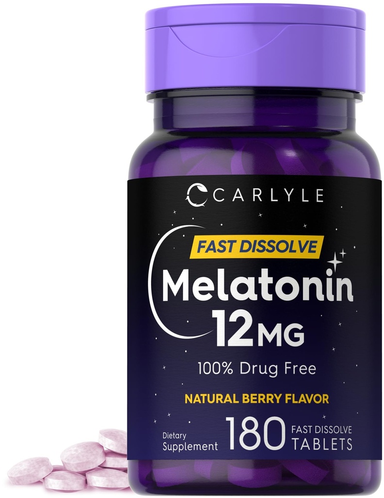 Carlyle Melatonin 12 mg 快速溶解 180 片 = 药物自由 = 天然 Berry Flavor = 蔬菜,非GMO, Gluten Free