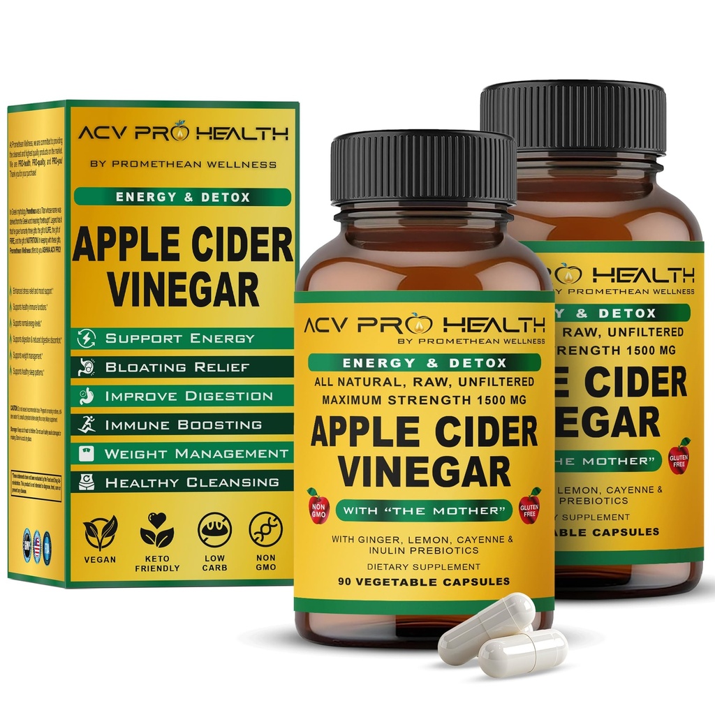 2-Pack ACV Pro Apple Cider Vinegar Capsules 认证有机体与母亲ACV Pills Detox Cleanse Acid Reflux 救济支助 姜根 Cayenne 辣椒粉