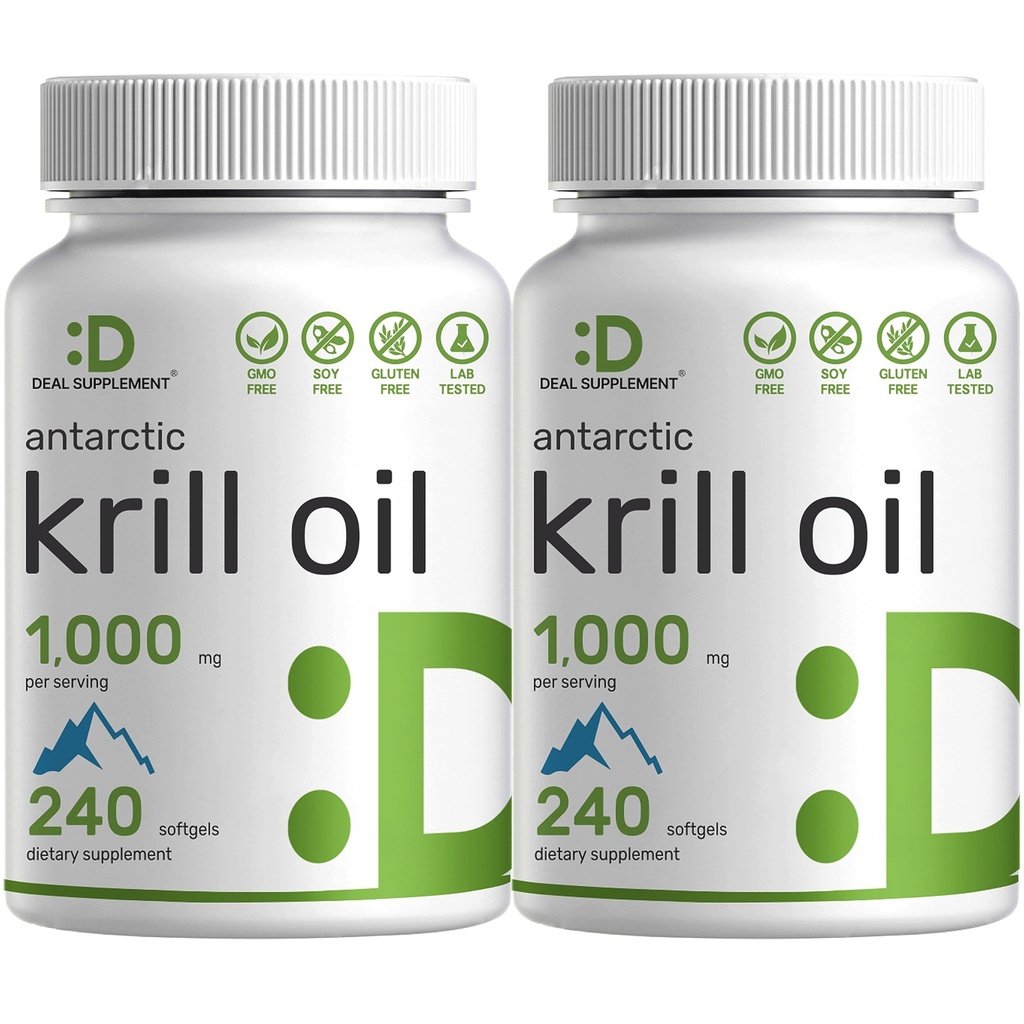 DEL Supplement 2 Pack Atlantic Krill Oil, 1000 mg per service, 480 Softgels – 不含汞,无鱼味 – 富含Omega-3s, EPA, DHA, Astaxanthin, & Phospolipids – 非GMO, No Gluten
