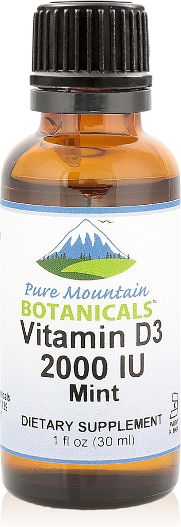 纯山植物学 氟化维生素 D 滴水 – 薄荷氟化液体 维生素 D3-2000iu 每服1oz瓶