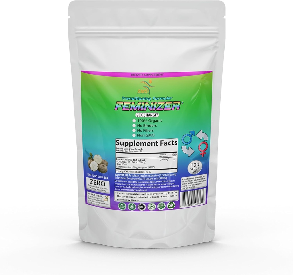 女性化 性改变药丸由简讯提供,100 Vegie Caps Pueraria Mirifica for Estrogen 1000 mpure Pure 10:1 根提取粉 - Kwao Krua Kao - Premium 等级, 女性有机,变性, Ladyboy, LGBT