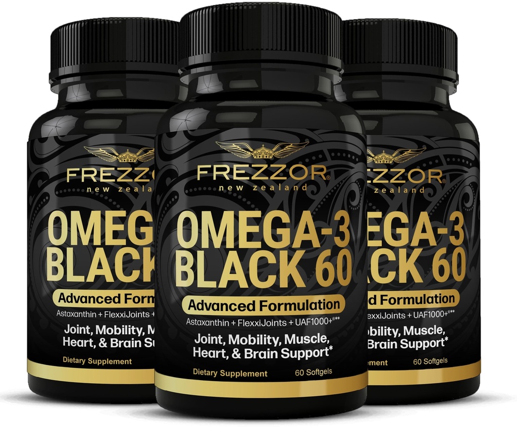 FREZZOR Omega 3 Black for Joint Care & Comfort - 新西兰绿色浸泡贻贝油盖;53x 具有UAF1000+超强抗氧化剂的更高可能性,无鱼类余味,60 Counter (Pack of 3)