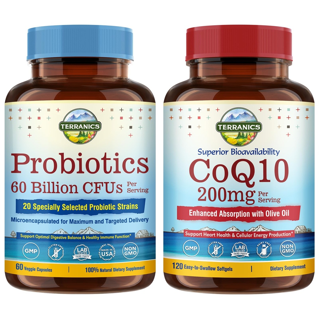 Terranics Probiotics & CoQ10 Bundle, Heart & Digestion Health, 60亿 Probiotics, Bioactive Coenzyme Q10 200mg, 外生橄榄油, Bundle & Save