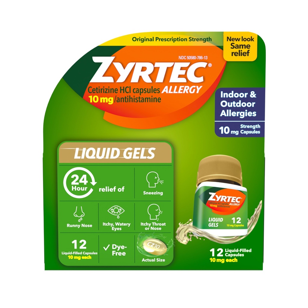 Zyrtec 24小时过敏反应液盖,抗希斯坦胺Capsules 配有Cetirizine HCl过敏药物,用于从Runny Nose,喷嚏,Ichy Eyes & More的全天抗药,12个计数