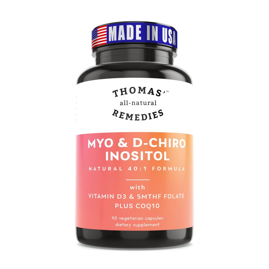 托马斯的全自然补救 Myo Inositol 补充和D-Chiro Inositol 混合补充和福拉特和维生素D3,40比1比例,Non-GMO,无填充器,CoQ10,90 Vegan Capsules