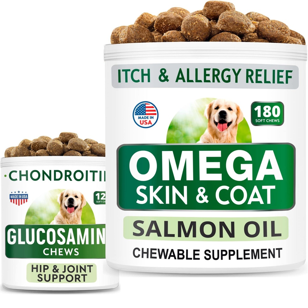 BARK&SPARK Glucosamine Dog treats + Omega 3 for Dogs Bundle - Hip 支持和联合减痛补充剂 + Fish Oil Chews for Shedding, Skin Alfergy, Itch Relief, Skin and Coat 补充剂