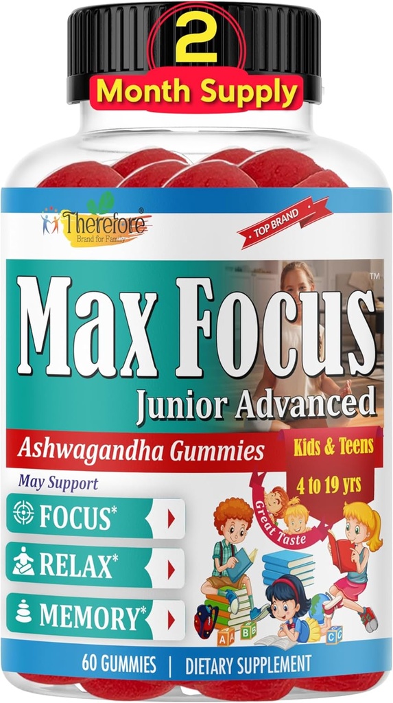 Max Focus Junior — Kids Focus & Calm Gummys – 儿童与青少年的Calming & 关注支持补充 – Ashwagandha – Brain Vitamins – Vegan, Non-GMO, 60 Gummys