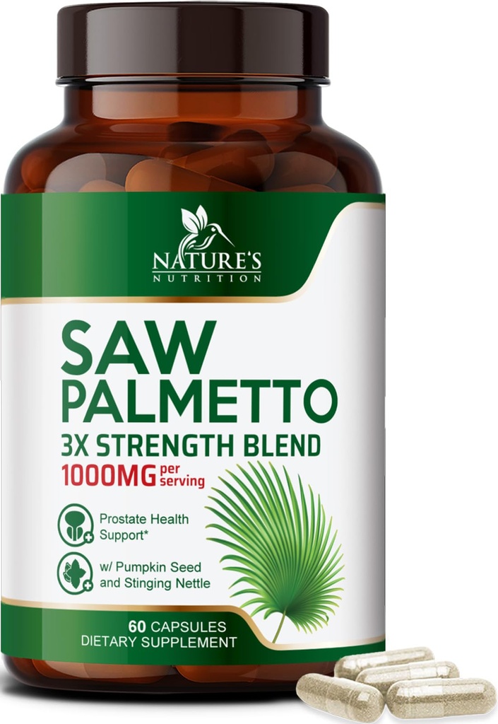 Saw Palmetto for Men 1000MG - 3X 强前列腺健康补充剂 - 草药提取补充剂 - 男子健康支持前列腺补充剂 前列腺尿液和头发健康支持 - 60 Capsules