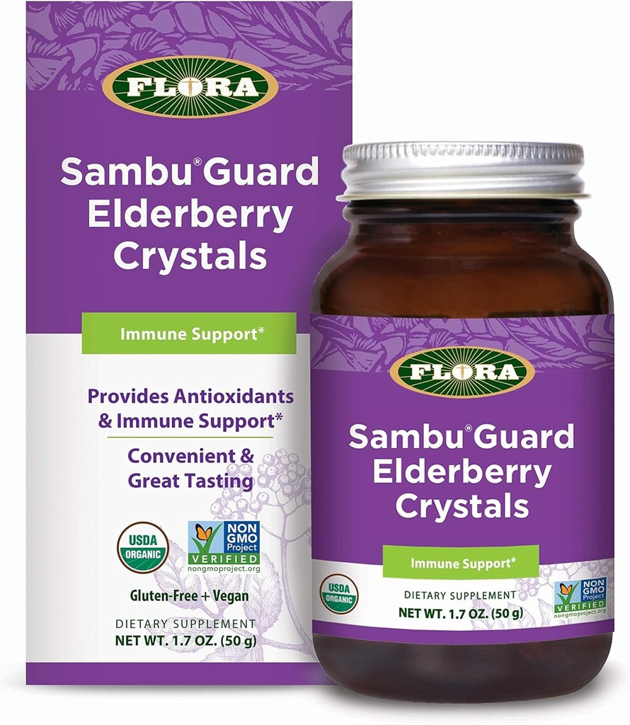 Flora - Sambuguard Elderberry Crystals, 提供抗氧化剂和免疫支持,加强豁免,解毒体,Boost Energy, 1.7-oz. 粉点