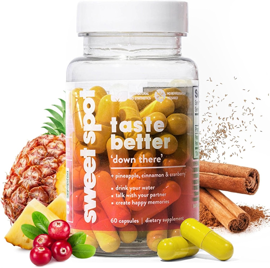 Sweet Spot – Pineapple & Cranberry 阴道健康补编,60 Capsules – Freshens Taste,促进女性平衡,女性的pH平衡和食臭控制,配有天然肉桂摘录 – 美国制作