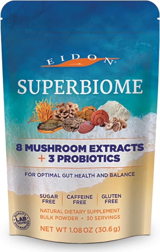 Eidon SuperBiome,蘑菇 Probiotics Powder Blend, Gut Balance, 微生素健康补编 有机Reishi, Chaga, Lion's Mane, Cordyceps, Turkey Tail, Shitake, Maitake, Phelinus, 30名服务员