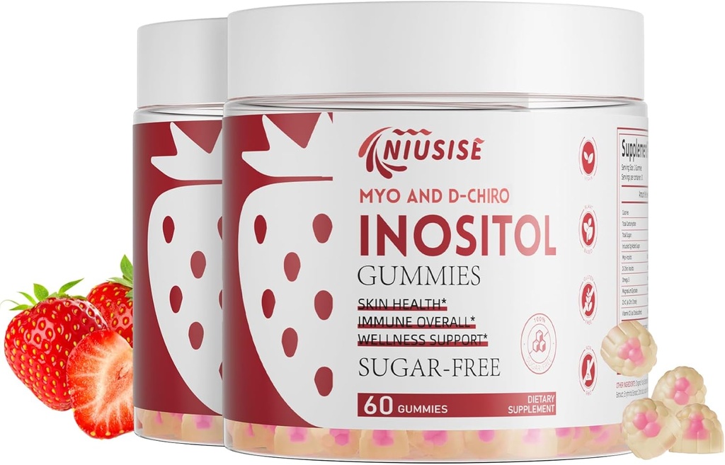 Inositol Gummys, Inositol 补编,配有 Myo-Inositol & D-Chiro Inositol + 维生素D3,理想值40:1 比例,配有镁Glycinate 400mg, 支持女性的常规循环, Vegan, 2 Pack