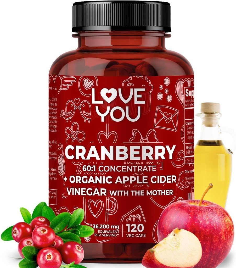 Love You Cranberry 60:1 摘录+有机苹果苹果苹果苹果苹果醋 – 最大力量 36,200 mg等效 – 120 Vegan Capsules – Urinary Tract & 消化支持