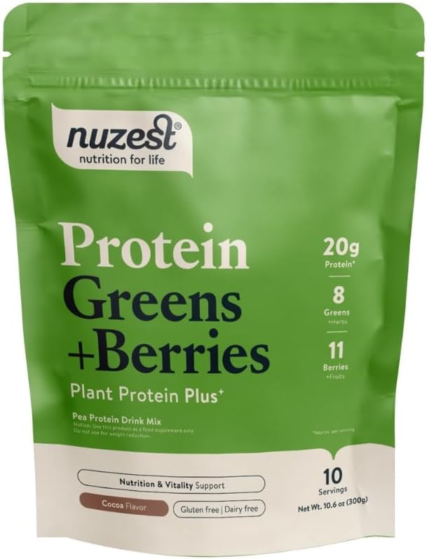 Nuzest – 蛋白绿素 + Berries – 超级食品粉末 – 植物蛋白蛋白混合剂 – 300g / 10.6 oz 邮袋(10 services)(可可, 300g)
