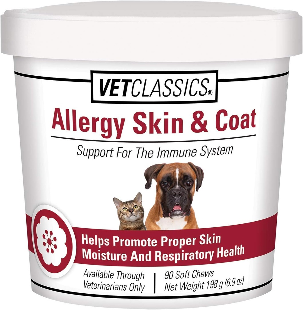 Vet Classics过敏皮肤 & Coat Support Pet Supplor for Dogs & Cats – 猫皮湿,狗过敏,宠物呼吸卫生的宠物健康补充 – 包括抗氧化剂 – Soft Chews 90 Ct.