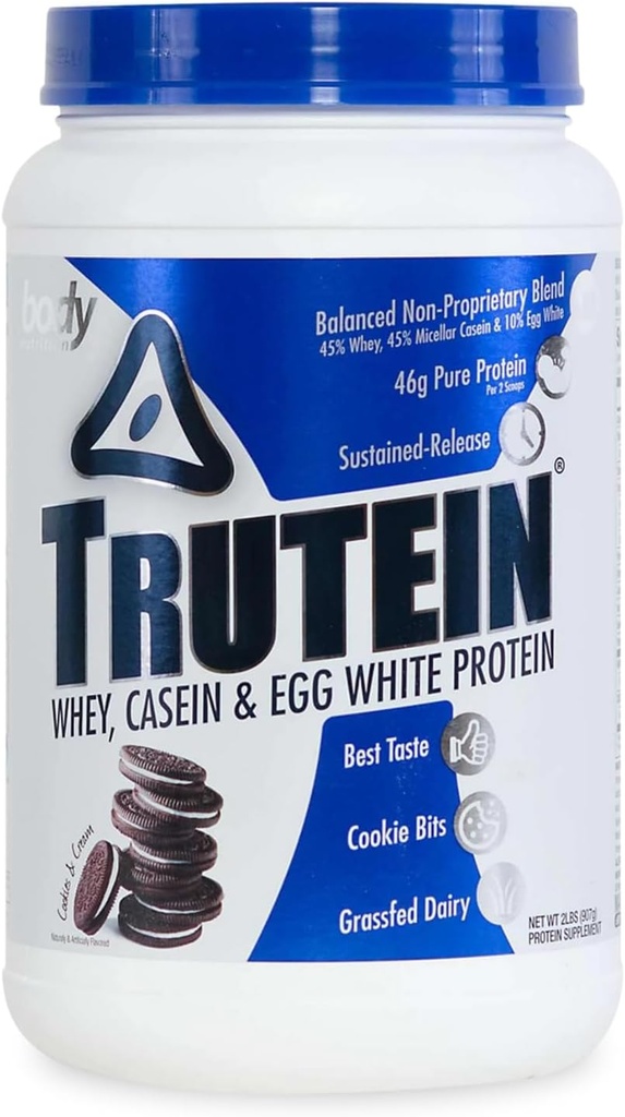 体营养 特鲁特因高蛋白粉:45% Whey,45% Casein,10% Egg White蛋白摇摆混合剂,低钠,低碳蛋白补充剂 Power for Men & Women, Cookies & Cream, 2lb
