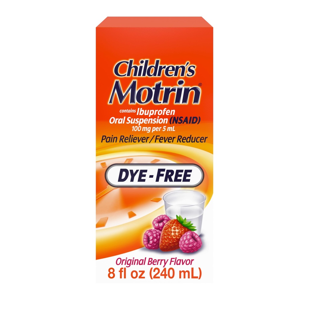 儿童Motrin口服停药100mg Ibuprofen Medicine,NSAID Fever Dreaker & Pain Relifer for Minor Aches & Flus,Dye Free,无酒精,Berry Flavored, 8 f.