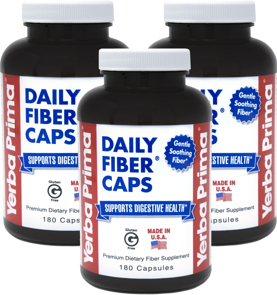 Yerba Prima Daily Fiber Capsules, 180 Caps (Pack of 3) - 可溶性饮食纤维补充剂 - Colon Cleanse - Gut Health - 便秘救济,Vegan, Non-GMO, Gluten-Free (英语).