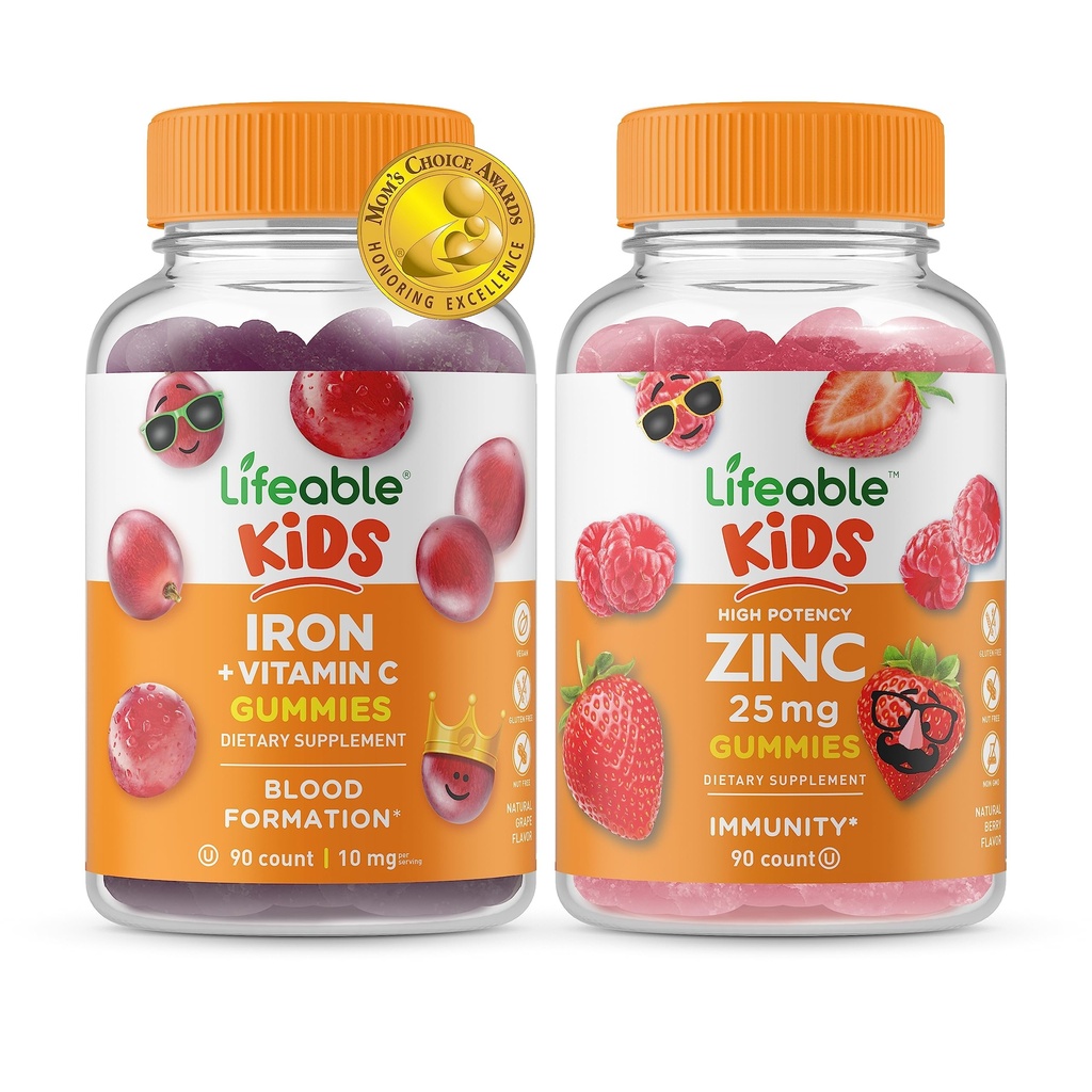 活铁和维生素 C 儿童 + 锌 25mg 儿童 gummies Bundle - Great Tasting, Vitamin 补充, Gluten Free, GMO Free, Chewwable Gummy