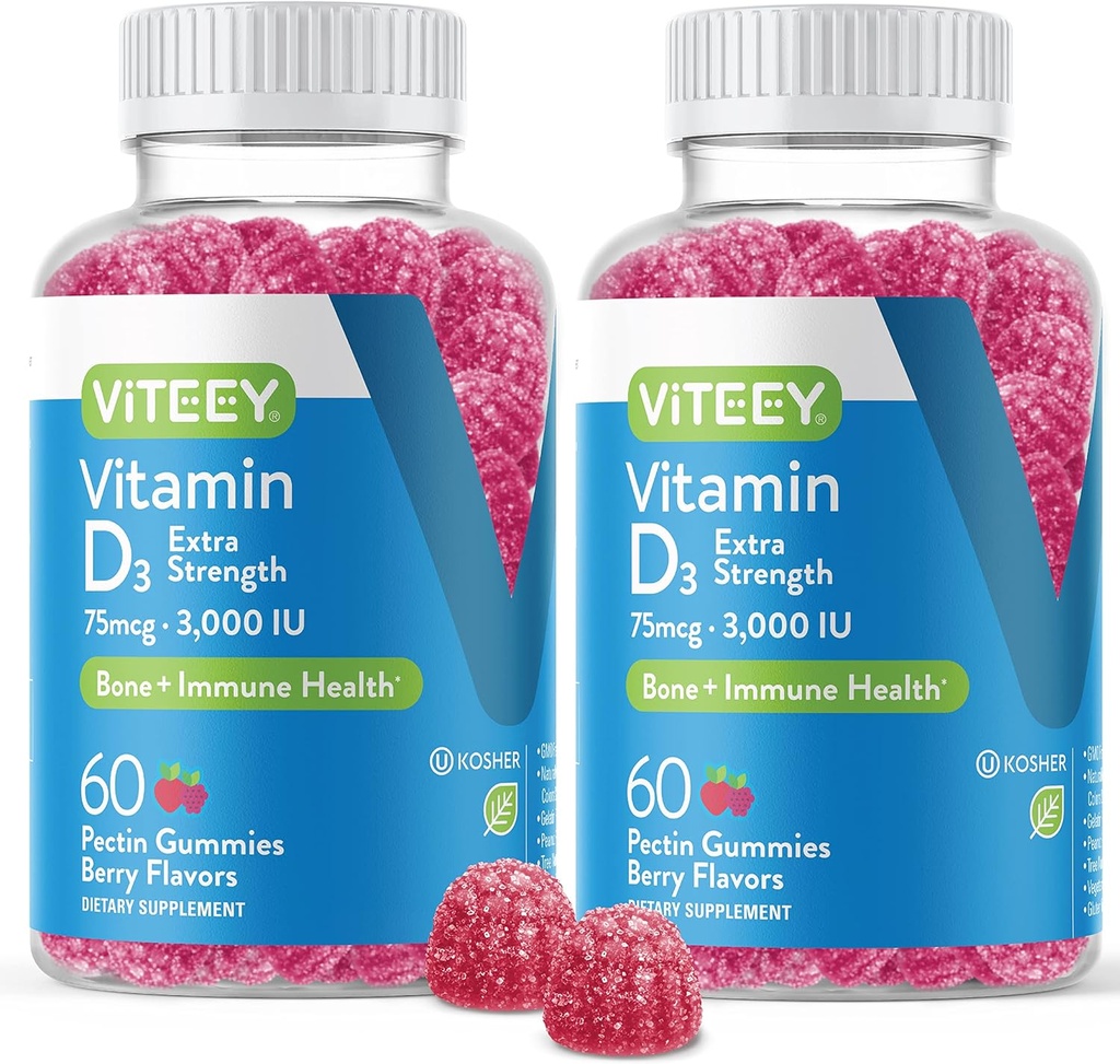 成人和青少年的维生素D3 Gummys - 3,000 IU, 75mcg, 额外力量 - 联合与肌肉健康, Immune Boost - 蔬菜维生素D Gummys - 蔬菜, Gelatin Free - Tasty Berry Flavored Gummy