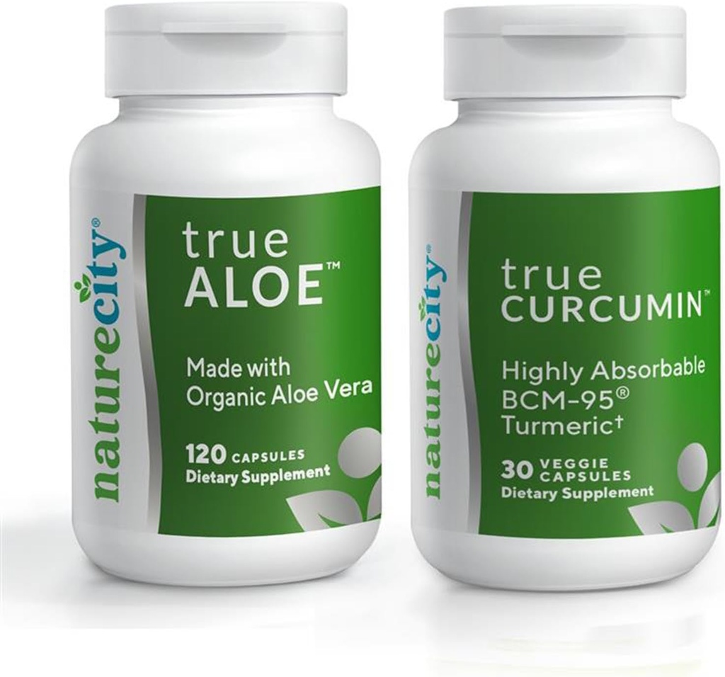NatureCity联合支持 BundleQQ True-Aloe Made with Organization AloeVera, 120 Capsules + True-Curcumin 配有500毫克高吸收性BCM-95 Curcumin + Turmeric 基本油, 30 Capsules