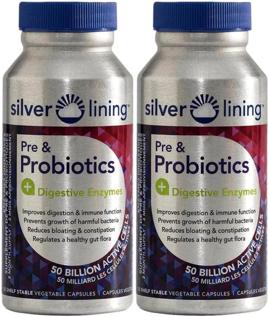 Silver Lining Pre & Probiotics + 消化酶 + 5亿 CFU/ Aactive Cells + 消化细胞和免疫功能支持, 减少 Bloating + Serf-Stable Formulats → 240 Counter(Pack of 2)
