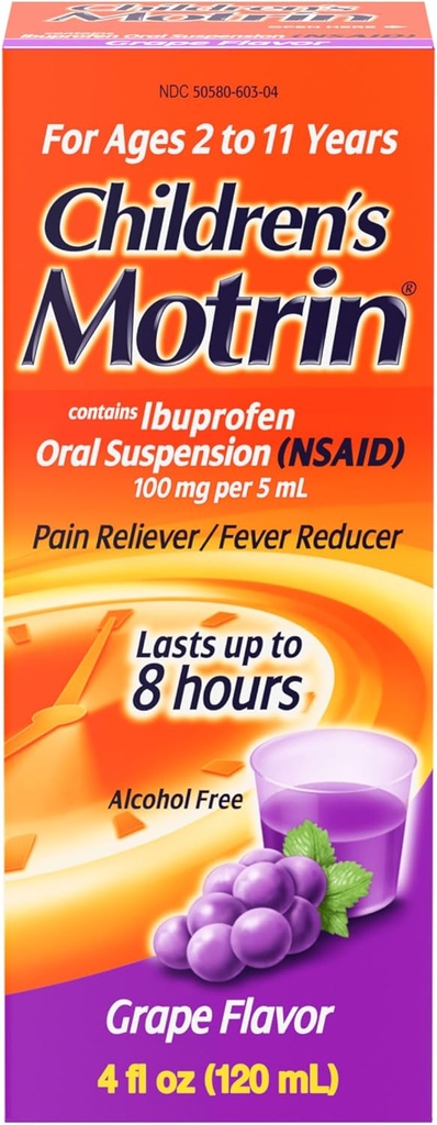 儿童Motrin口服暂停、疼痛救济、Ibuprofen、Grape Flawared、4 Oz