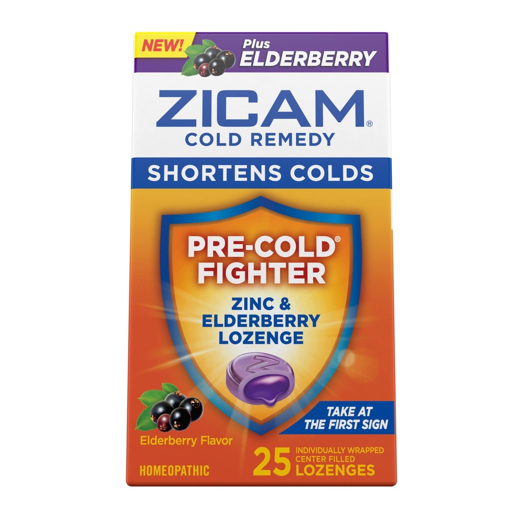 Zicam Cold Medle Zinc Lozenges, 长老莓火焰, homopathic, Soothes Sore喉咙和咳嗽, 冷短药, 短冷持续时间, 25个数