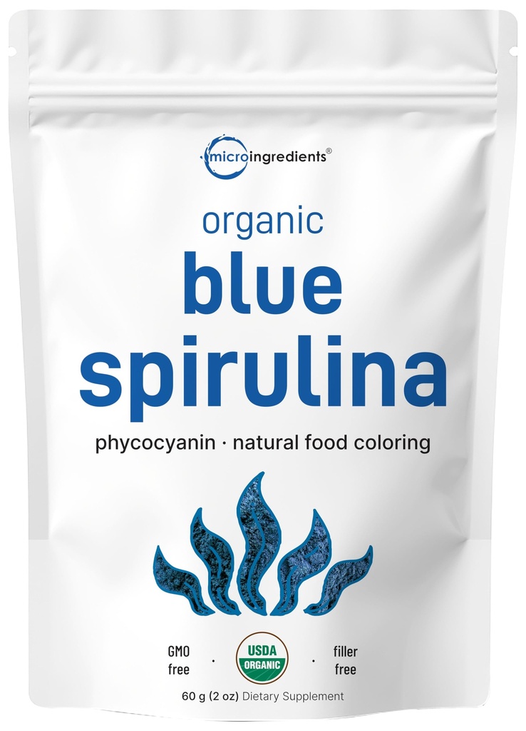 有机蓝螺旋藻粉(Phycocyanin extract),60种服务-无鱼味,100%来自蓝绿藻的Vegan蛋白,天然光霉素食品配色用于平滑,烘焙,饮料和烹饪