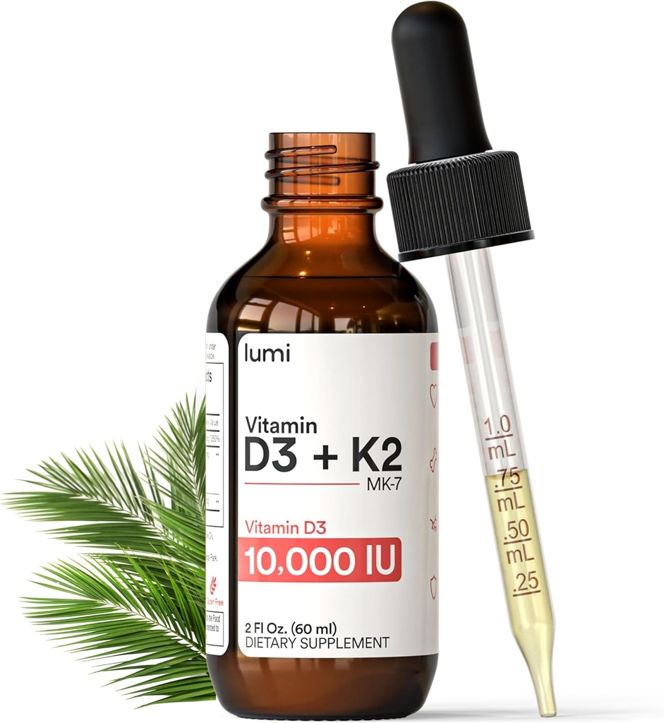 露米 维生素 D3 K2 MK7 w 棕榈 MCT 油 - 10000 IU D3,200 mcg K2 MK7-60ml  Liposomal 吸附亚语液滴 - 非GMO, Vegan, 不受味液 - 月供应 - 2 Fl Oz