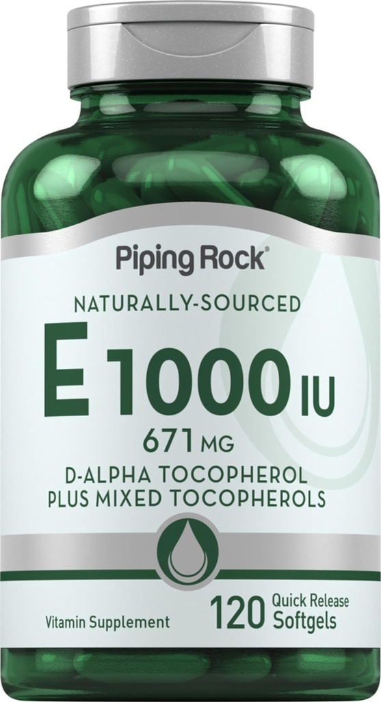 配有D-Alpha和混合托科弗罗尔的Pipping Rock Vitamin E 1000 IU Softgels → 120 Counter → 配有 D-Alpha和混合托科弗罗尔 → Gluten Free, Non-GMO 补编