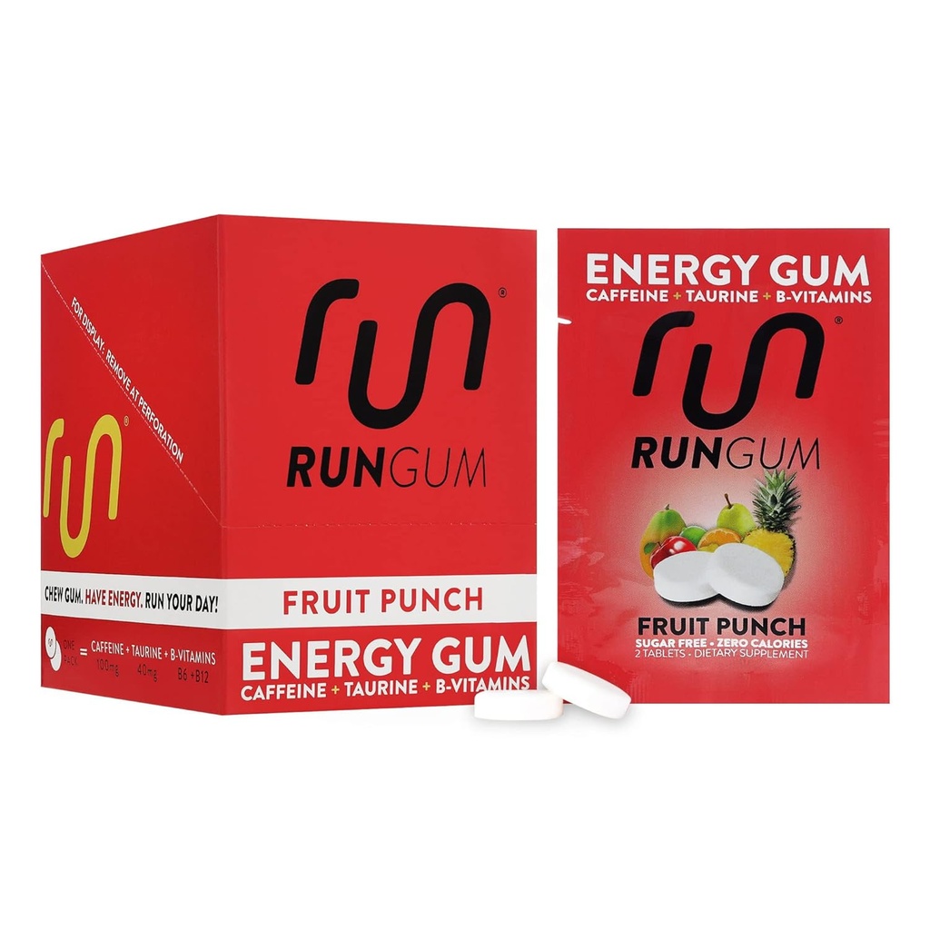 RUN GUM 水果冲压能源 咀嚼50mg 咖啡因 陶林和B-维生素 每块,24块(12袋) 无糖,零卡罗里,无阿斯巴达米,和格卢滕自由, 1 ea