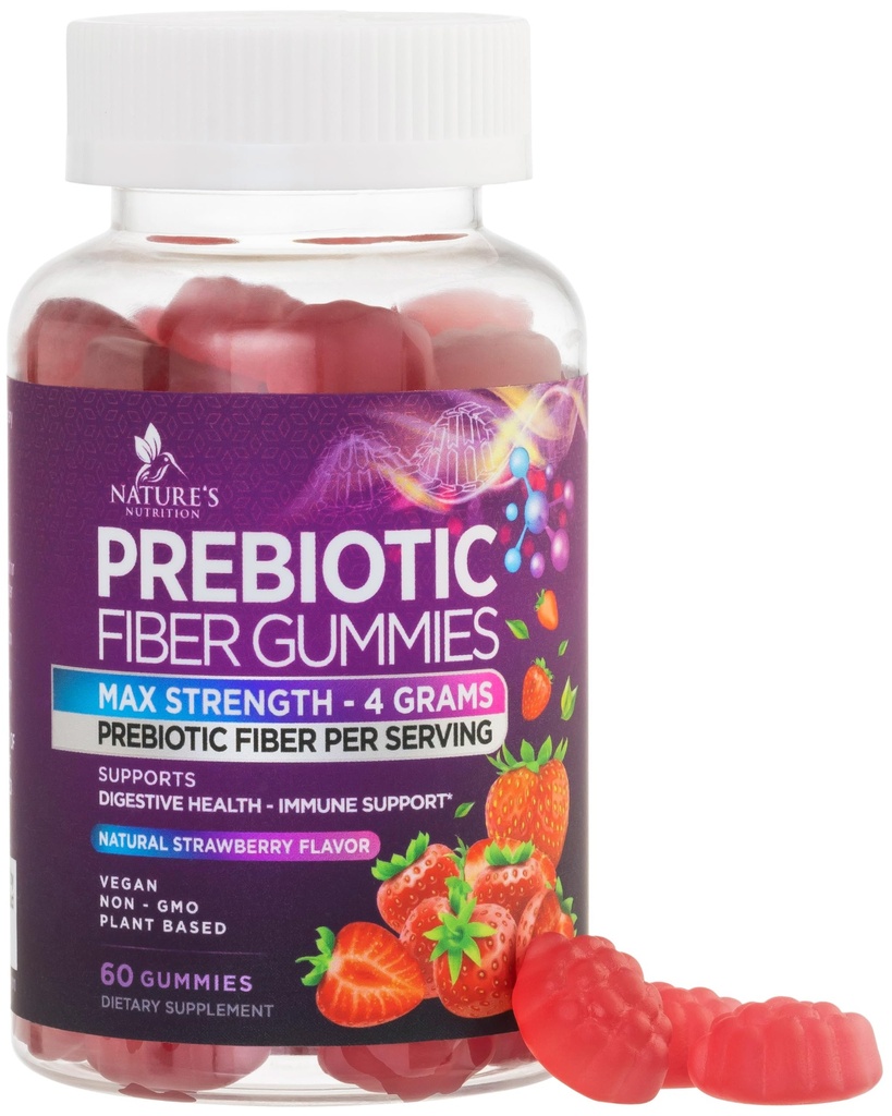 Fiber Gummys for Adults, Daily 4g Gummy Fiber 补充, Prebiotic Gummy 消化健康支持 - 植物可溶化纤维 化学, Prebiotics 支持常规和消化 非GMO - 60 Gummys