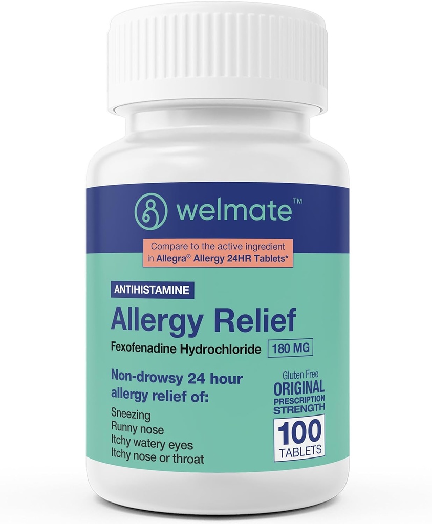 WELMATE - 过敏性缓解 - Fexofenadine HCl 180 mg - 24小时非疲劳性安非他明 - 喷嚏 - Runny Nose - 眼痒、鼻喉 - 过敏性缓解药片 - 100个计数