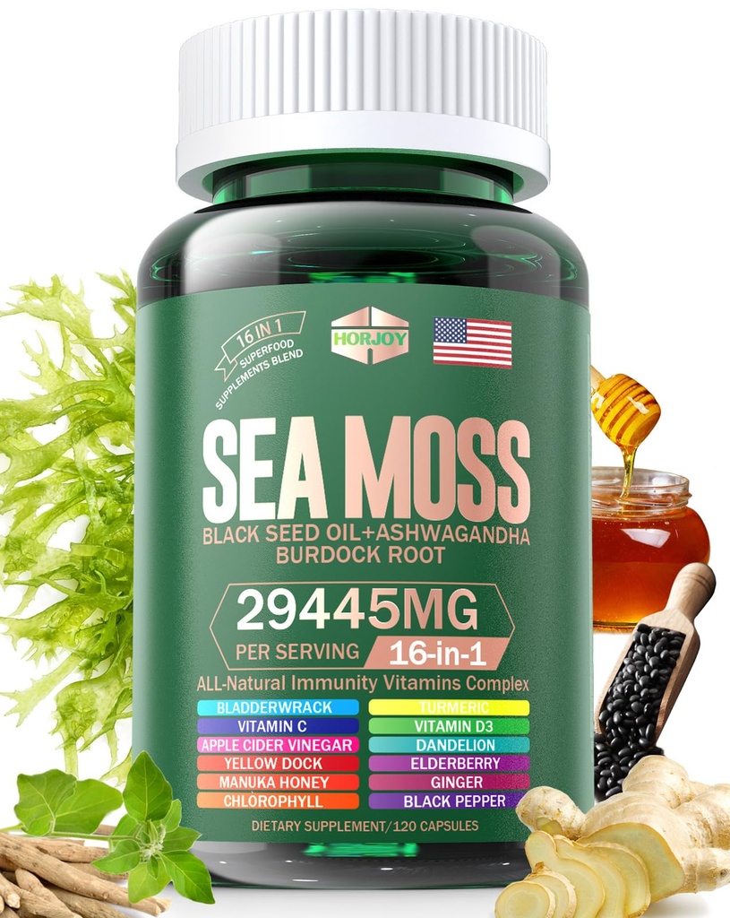 海 摩斯 12 000 mg 黑种子油 6 000 mg 阿斯瓦干达 3 000 mg 涡轮 1000 mg Bladderwrack 2000 mg Burdock 3 000 mg & 维生素 C & D3 配有 长老莓 Manuka Dandelion 黄码头碘氯化物 ACV