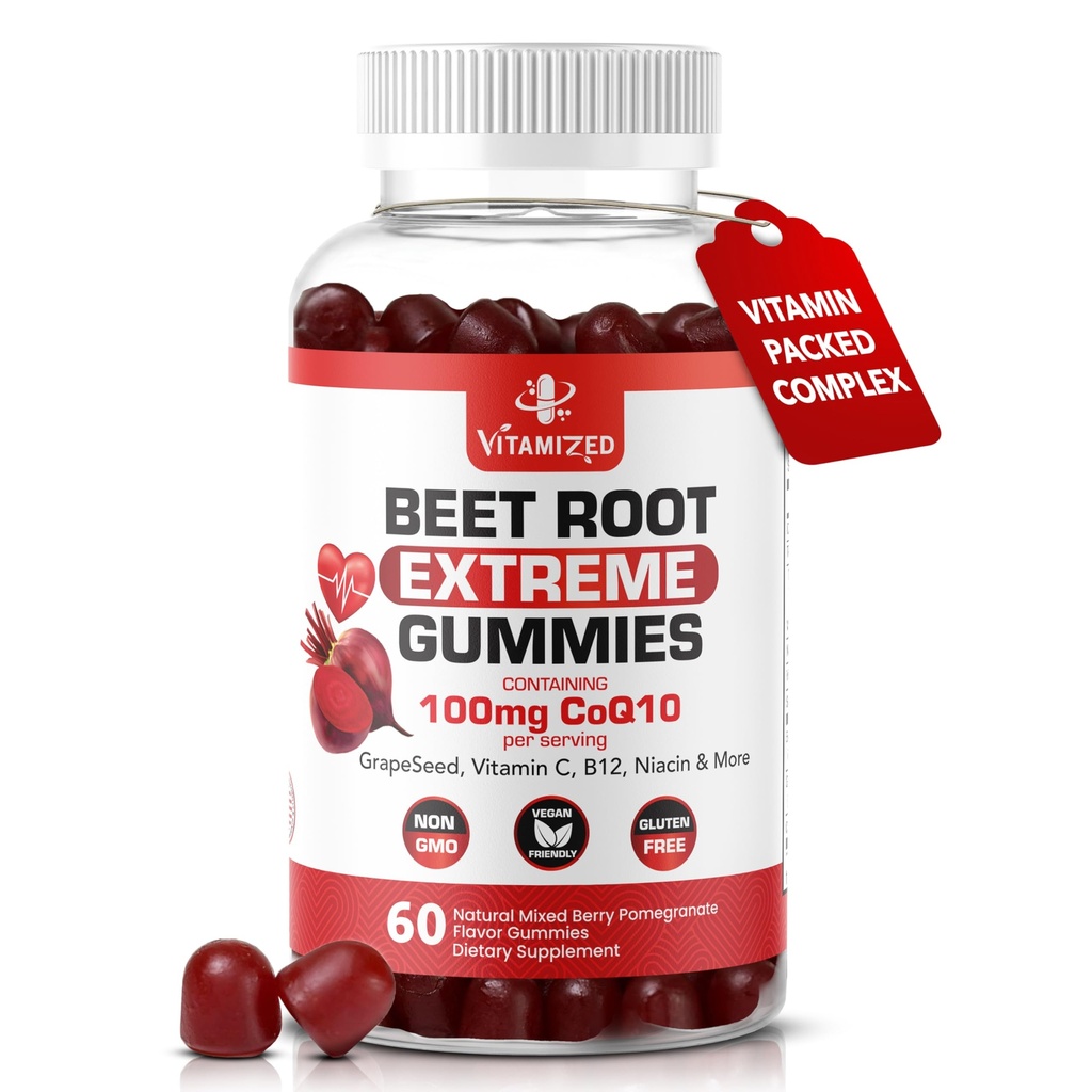 Extreme Beetroot公式 & COQ10 100mg 与葡萄种子提取,用于环流能源和流, 1500mg Beet Root Gummys 提取 Gluten Free 60