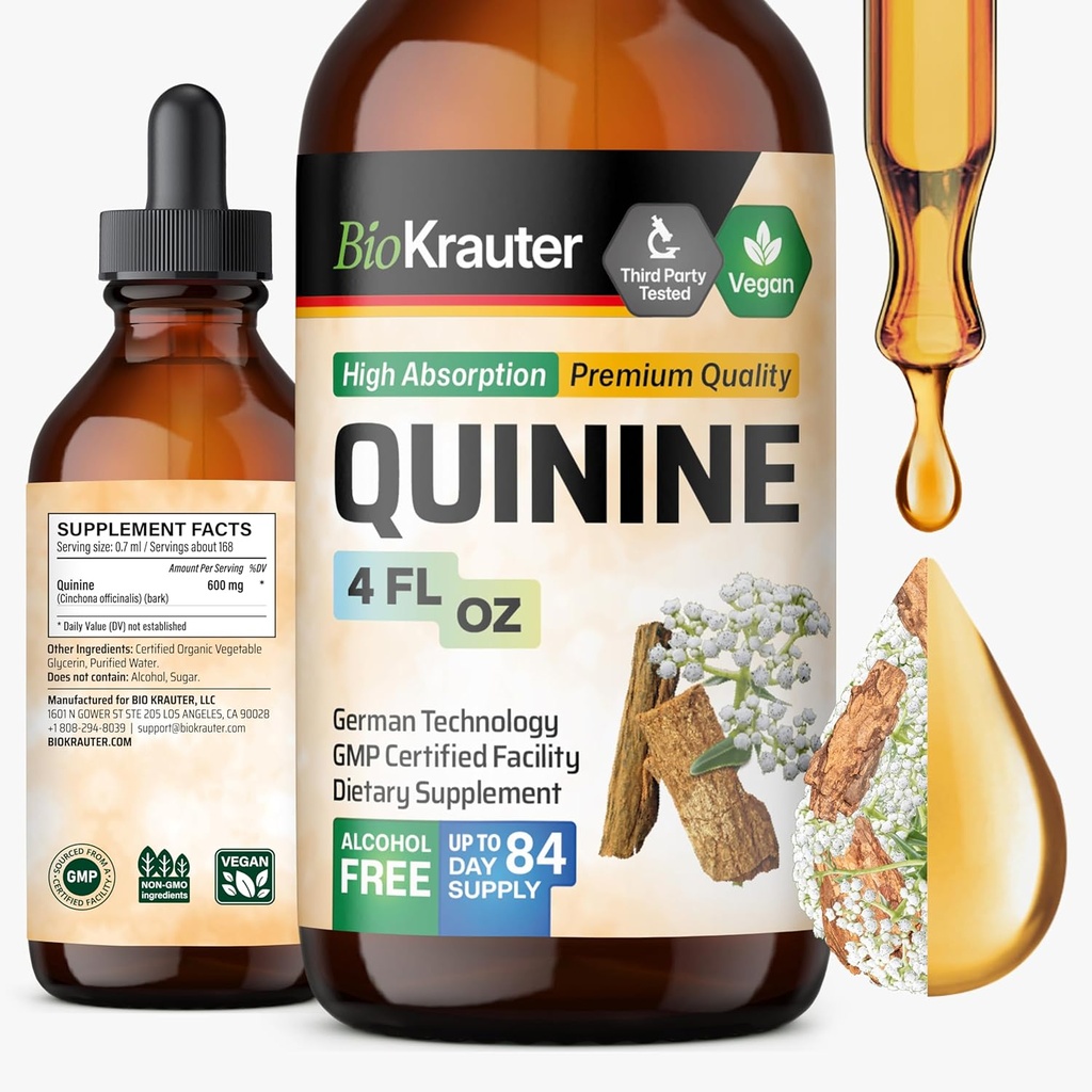 BIO KRAUTER Quinine for Leg Cramps Tincture - Cinchona Bark 提取器 - Vegan Quinine 液体 - 酒精和糖自由提取器 4 Fl.Oz.