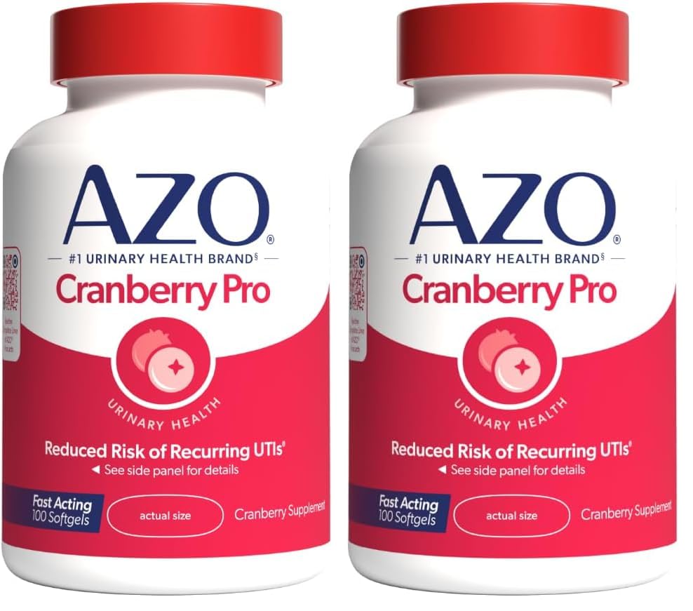 AZO Cranberry Pro Urinary Tract Health Supplement 600mg PACRAN, 1 service: 更多1杯Cranberry汁,无糖Cranberry药丸,非GMO 100 Softgels (Pack of 2).