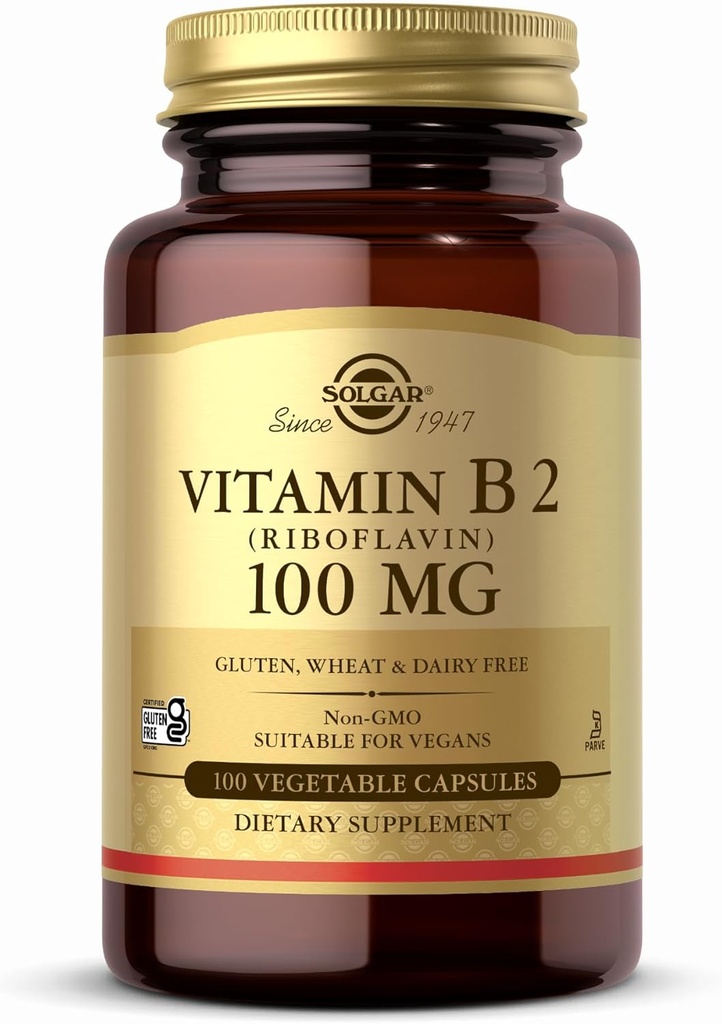 Solgar维生素B2(Riboflavin) 100毫克 - 100 蔬菜瓶装 - 非GMO、Vegan、Gluten Free、奶制品自由、Kosher - 100名服务员