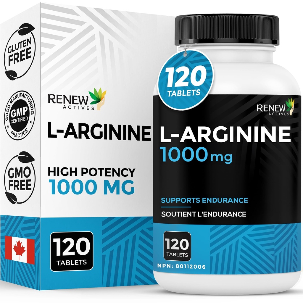 更新活动 L- Arginine 补编 1000MG,用于服务 - 强度和耐力,蛋白质合成和肌肉功能所必需,物理性能助推器 - 在加拿大制造 - 120片