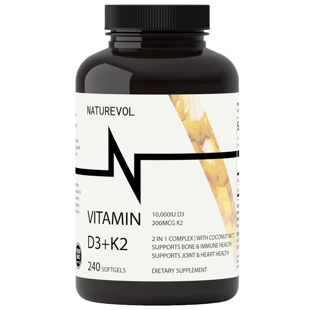 含椰油的维生素D3 + K2 – D3 10,000 IU & K2(MK-7) 200 mcg → 2-in-1 高潜力支持 骨和免疫健康 → 容易吞 → 非GMO, Gluten & Soy Free - 240软胶