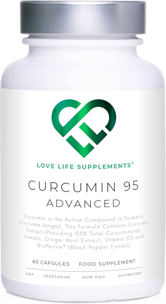 Curcumin 95高级,60卡普勒斯,高强度Curcumin(Turmeric的活性成分),95% Curcuminoids + BioPerine + (Black Pepper提取),维生素D,番茄和姜根,GMP批准
