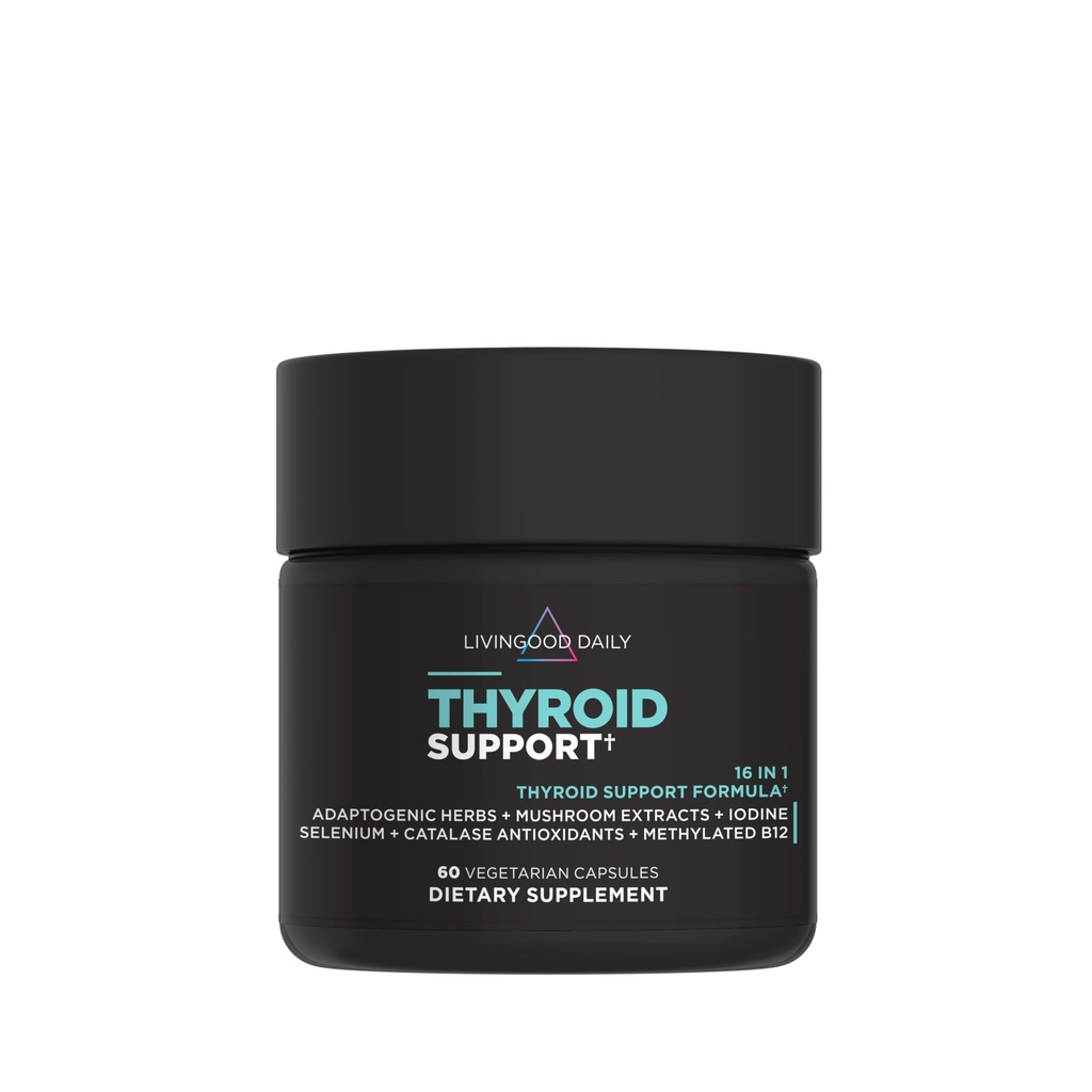 Livingood Daily Throid Support Supports, 16-in-1 Wellness Blend with Adaptogenic Herbs, 碘,镁和硒, 甲状腺支持女性和男性, 蔬菜卡普尔斯, Gluten Free, 60 Count