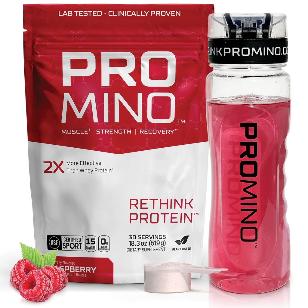 Promino 基本氨基酸肌肉饮料 — 2X 比Whey更有效 — NSF 体育认证 — 无糖回收燃料 — Raspberry, 30种服务