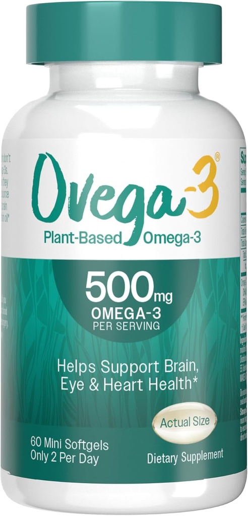 OVEGA-3 来自Algal Oil Daily Supplement,500mg,支持大脑,眼睛和心脏健康,每天2个小型软胶,60个