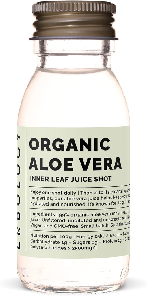 Erbological Organization Aloe Vera Juice 12 Daily Shots (2 fl oz) - 豁免支持和解毒 - 来自内叶 - 西班牙农场的直线 - 无稀释 - 无添加糖 - 非GMO - 可回收玻璃瓶