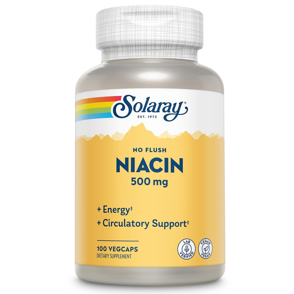 SOLARAY No Flush Niacin 500mg, Flush-Free Vitamin B3 Niacin, 能源和循环系统支持, Vegan, Lab 校验, 60天钱包担保, 100 服务, 100 Veg Caps