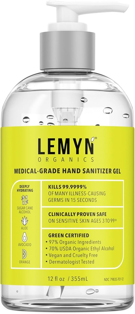 医疗 – 高手卫生 – 97% 有机 – 70% USP 乙醇 + 摩尔化 Aloe + Hyaluronic Acid 美国新鲜制造 → 12oz 用泵装瓶