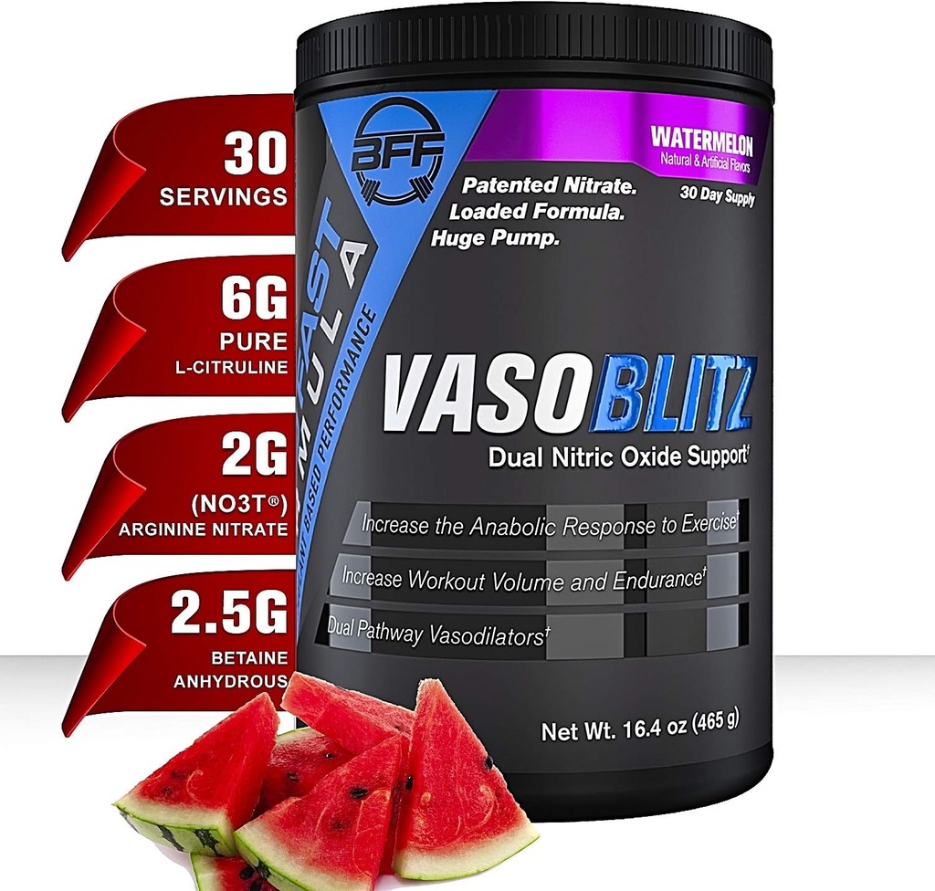 VASOBLITZ奖 双硝基氧化物预选用NO3T Arginine Nitrate,L-Citrulline, Betaine Anhydrous,Calcium Laactate, Cafeine Free for Multicle Endurance(30 service) (水瓜)