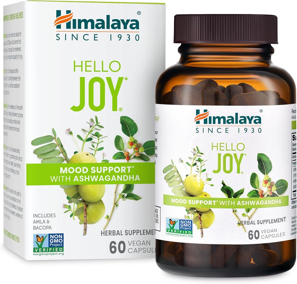 喜马拉雅 Hello Joy Herbal 补编,配有 Ashwagandha, Amla, Bacopa, 圣巴西尔/图尔西, 正面展望, 支持动机, 缓解压力, 平衡科尔蒂索尔, 非GMO, Vegan, 60 Capsules